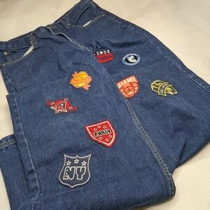Y2K Unc Baggy Wide Leg NBA Patchwork Jeans